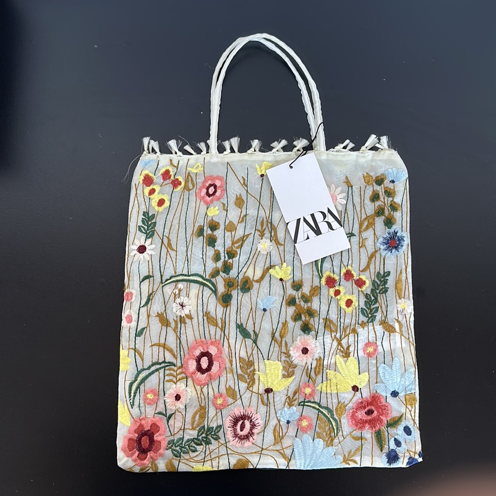 Zara embroidered tote bag with flowers